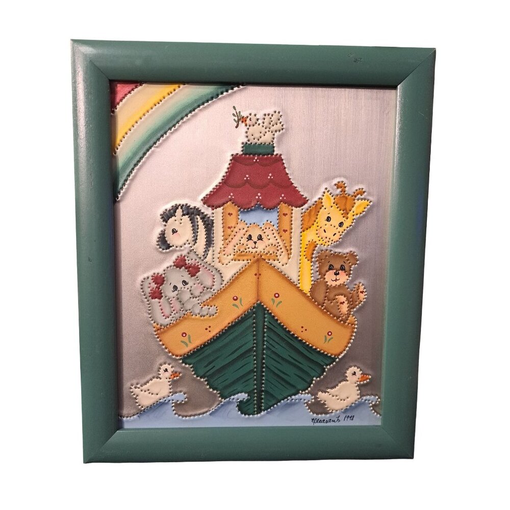Vintage 1998 Noah’s Ark Embossed Metal Hand-Painted Framed Signed Artwork